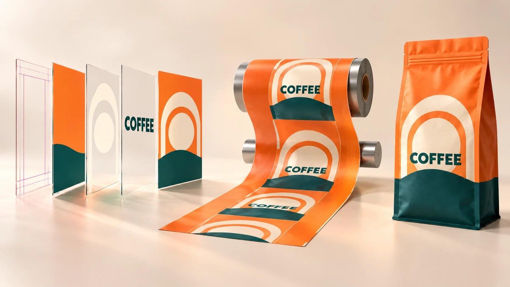 Concept illustration of approved artwork, printed film and a finished coffee bag